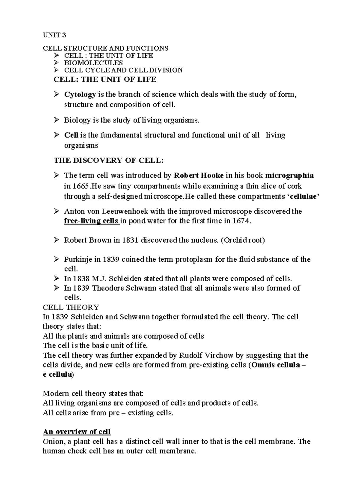 Class 11 Biology: Unit 3 - Cell Structure & Functions Notes - Studocu