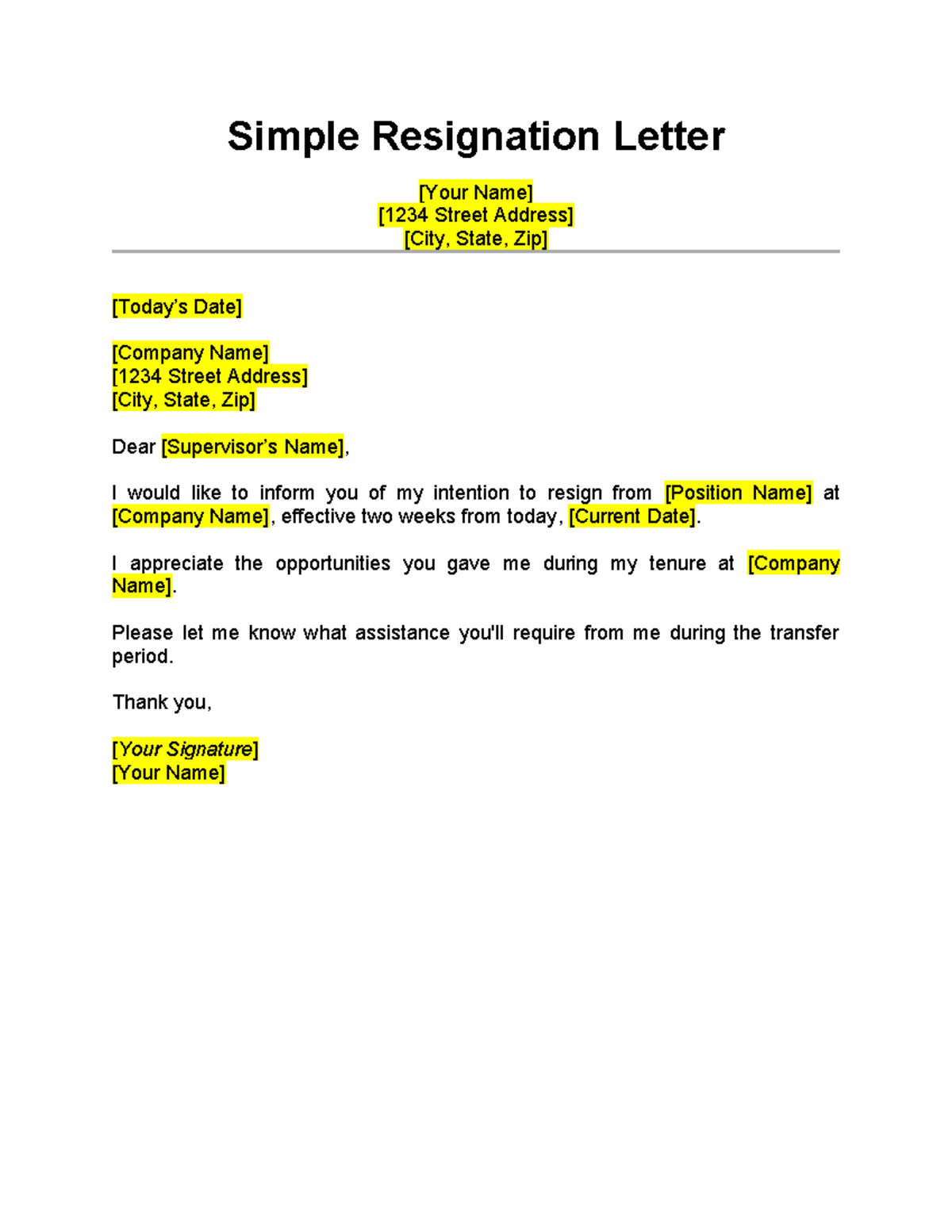 Simple-Resignation-Letter - Simple Resignation Letter [Your Name] [1234 ...