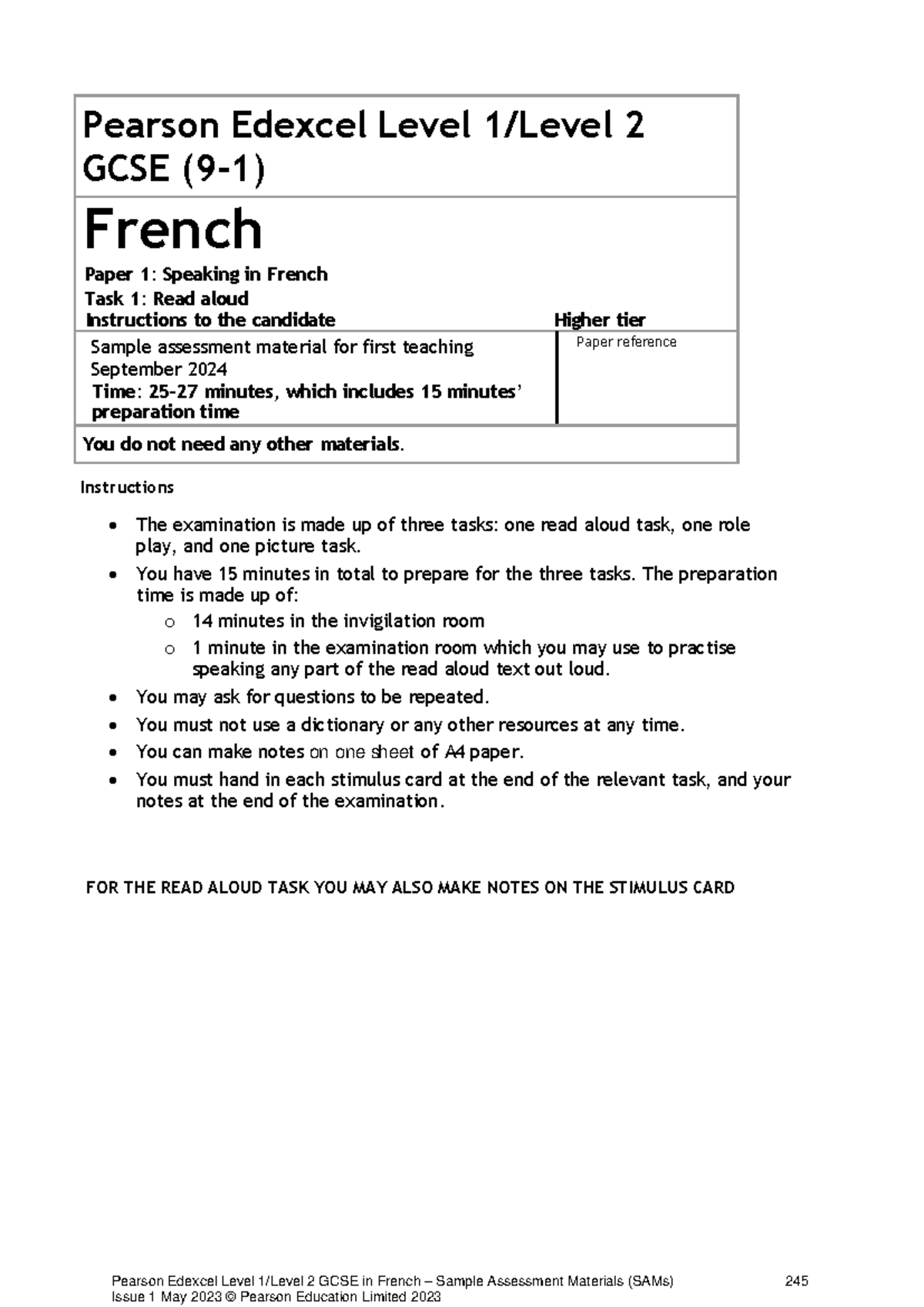 Pearson Edexcel Level 2 GCSE French Paper 1: Speaking Task 1 Read Aloud ...