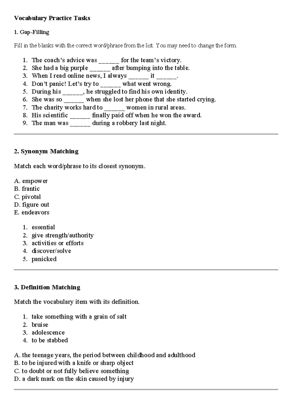 Vocabulary Practice Tasks: Fill in the Blanks & Matching Activities ...
