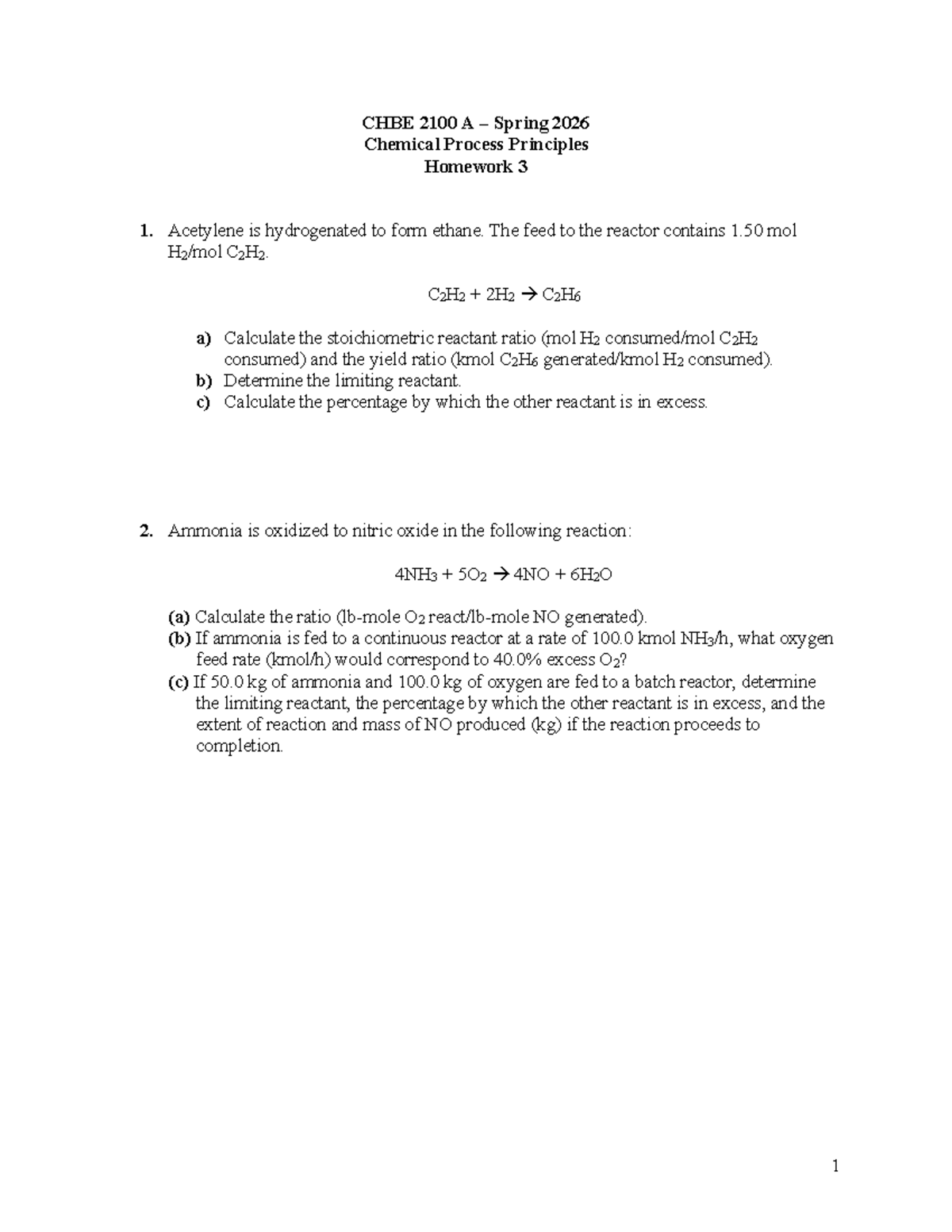 CHBE 2100 A Spring 2026 Chemical Process Principles Homework 3 ...