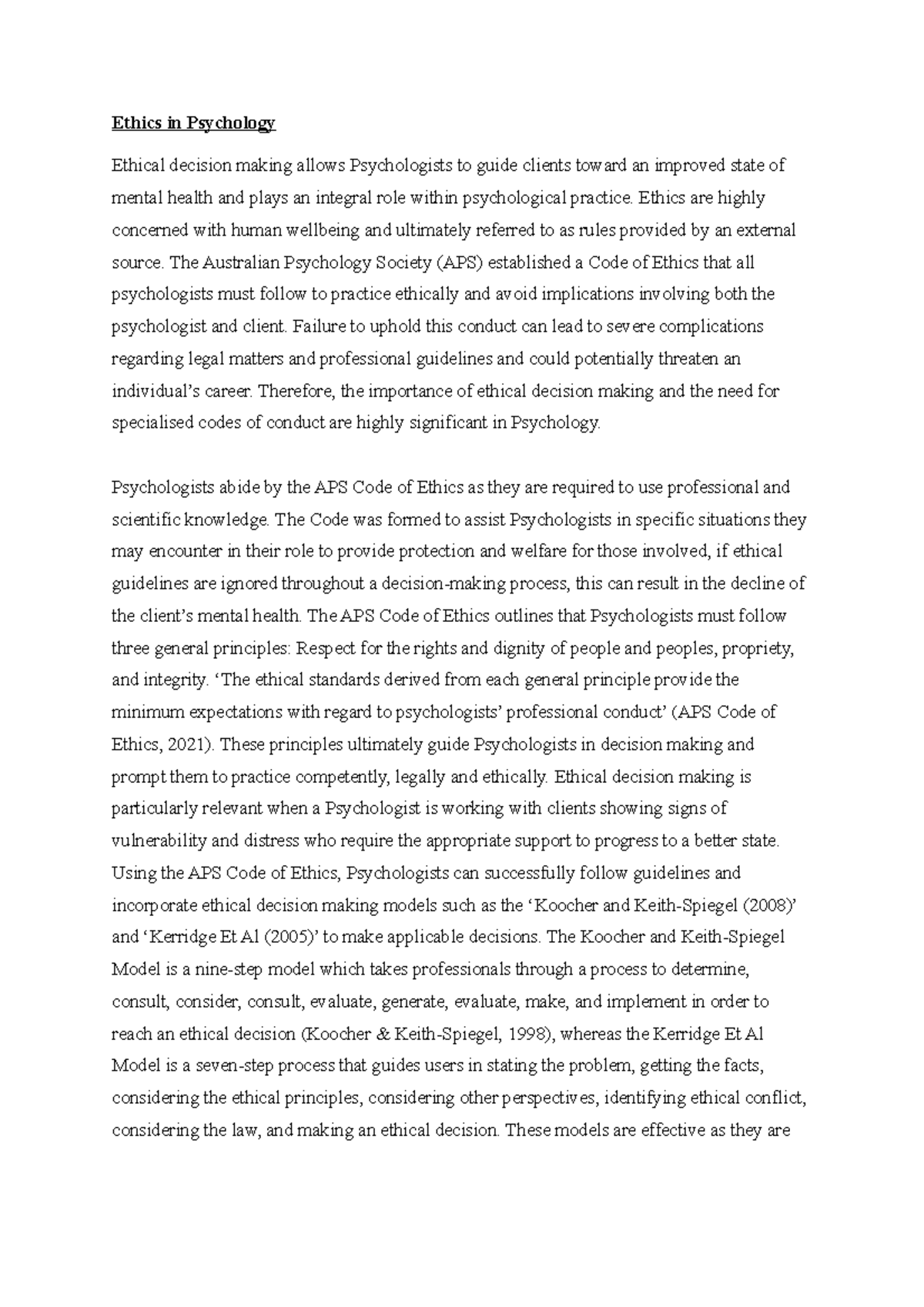 Ethics Essay Analysis - PSYC1200: Understanding Ethical Decision Making ...