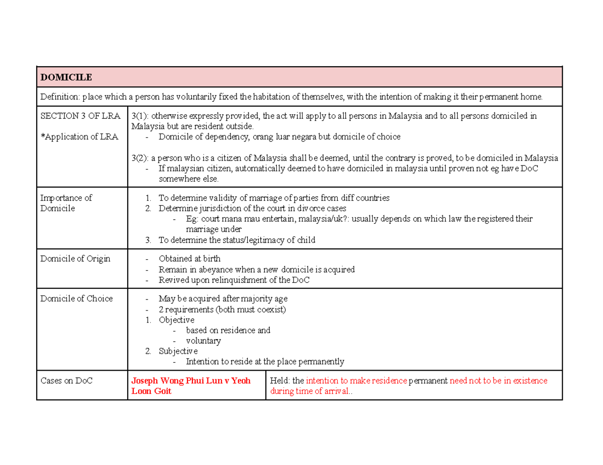 Family Law Notes: Domicile & Ancillary Claims (LRA) - Studocu