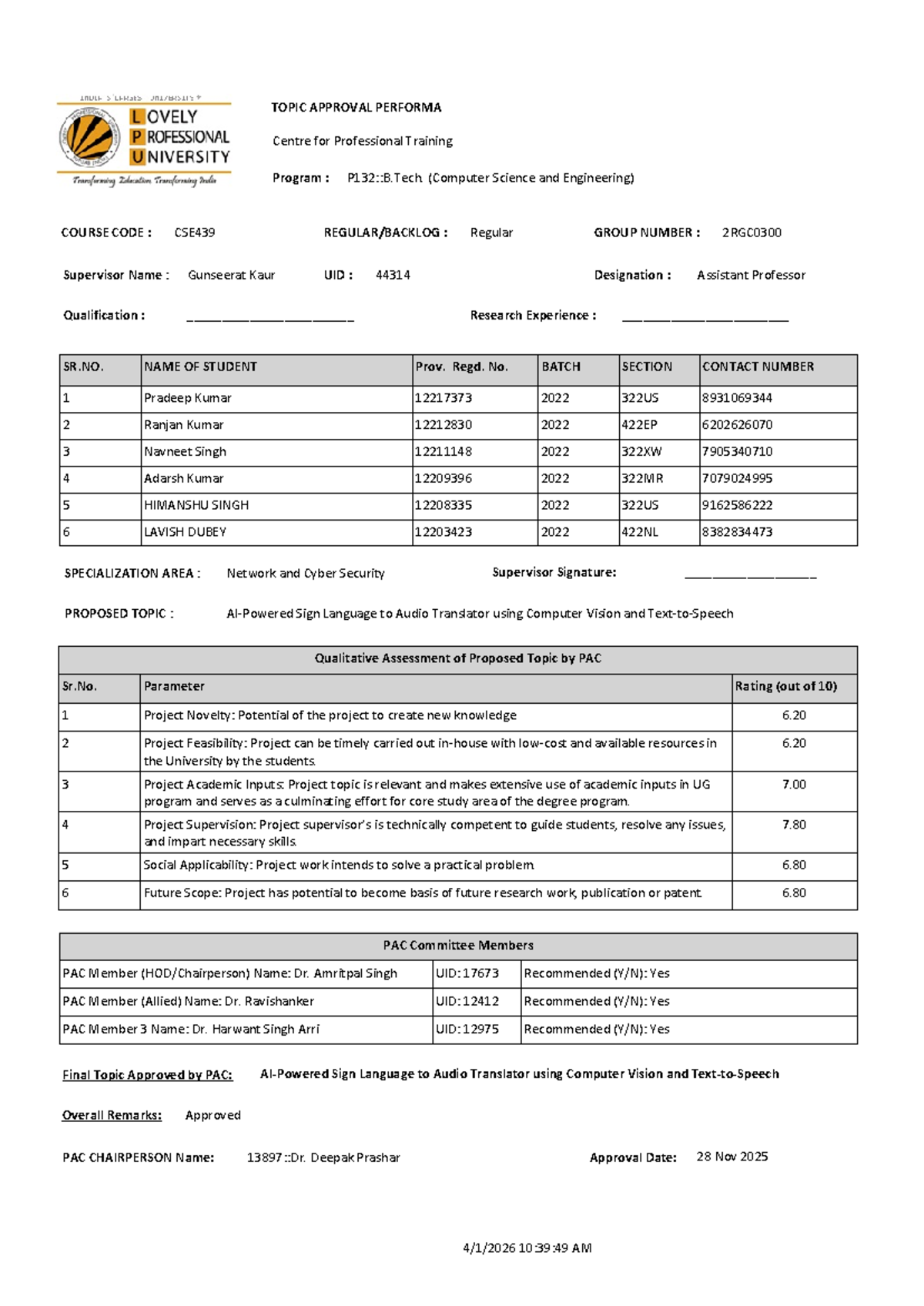 CSE439 Topic Approval Performa: Sign Language to Audio Translator - Studocu
