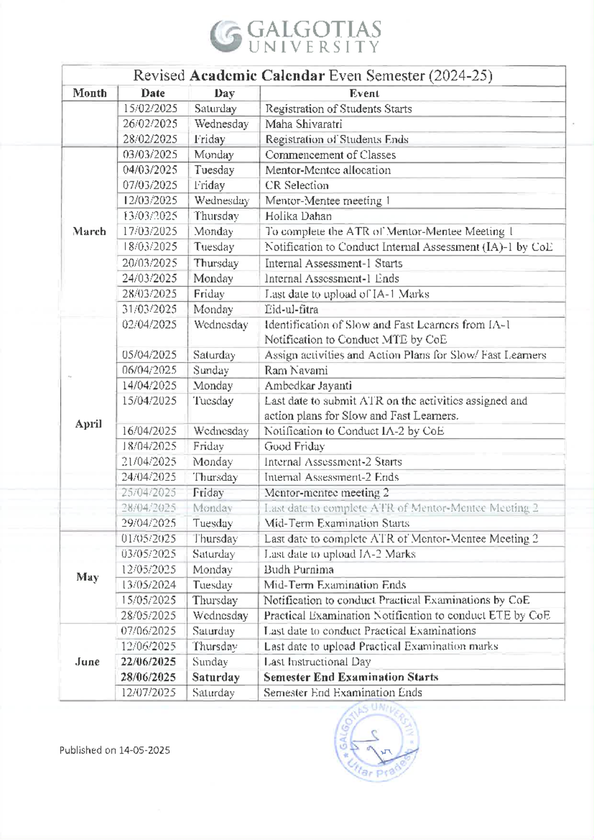 GALGOTIAS UNIVERSITY Revised Academic Calendar for Even Semester - Studocu