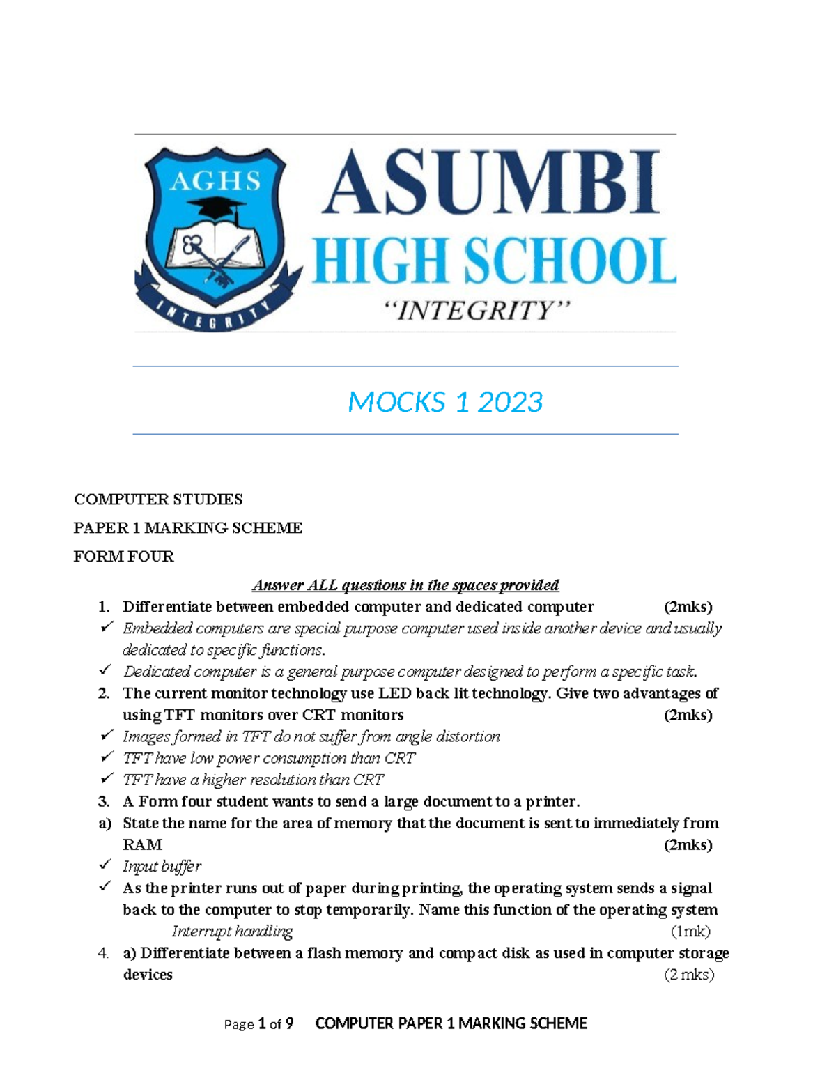 Computer PP1 MS - Marking Scheme for Form Four Mocks 2023 - Studocu