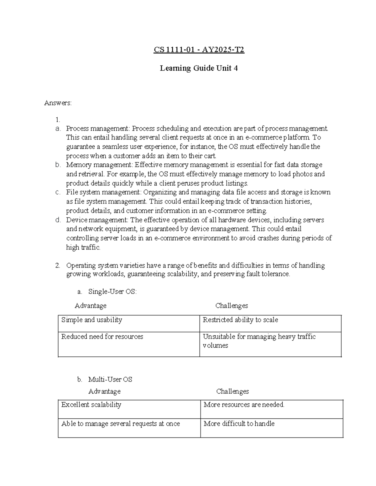 CS Learning Guide: Unit 4 Discussion on OS Management - Studocu