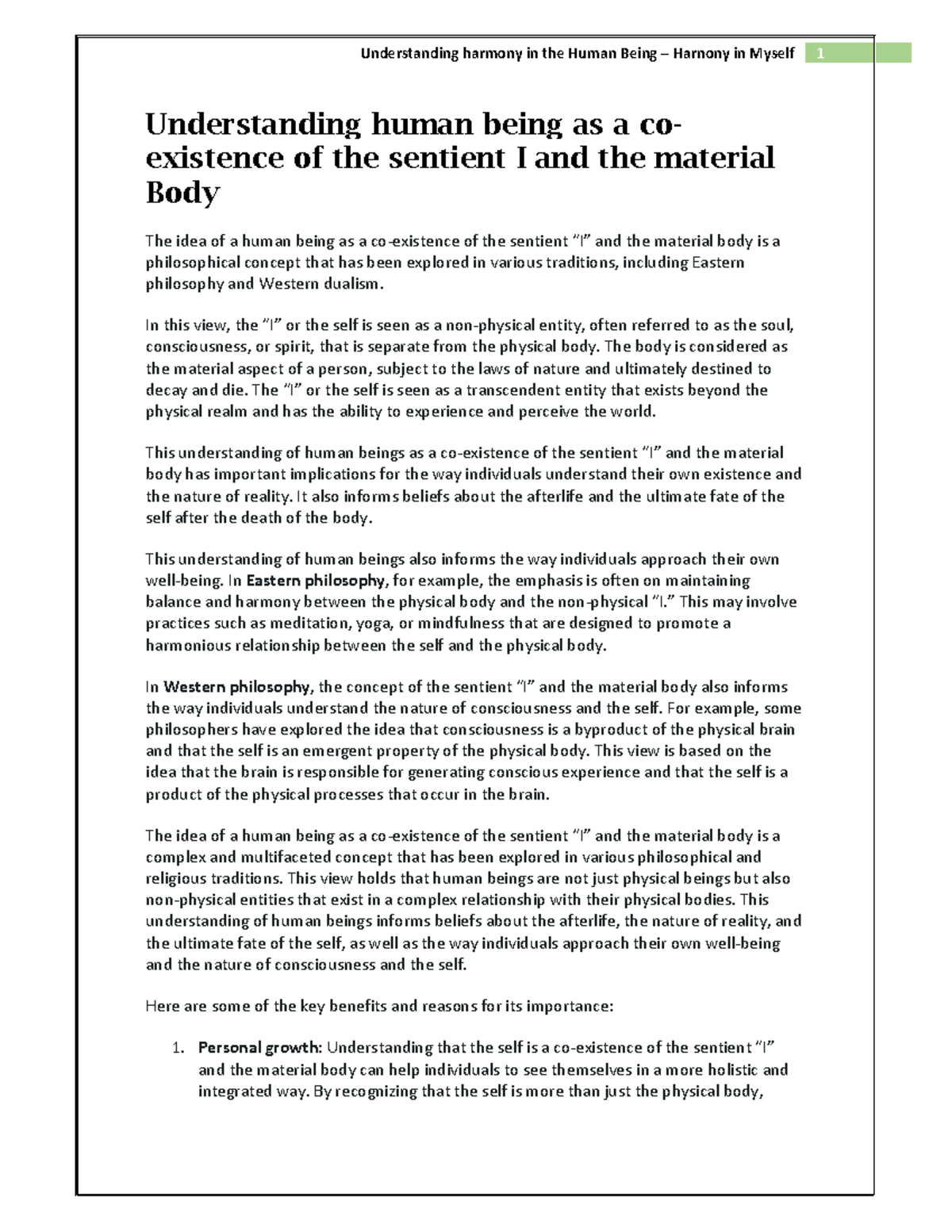 Human Values Unit 2: Co-existence of the Sentient Self and Body - Studocu