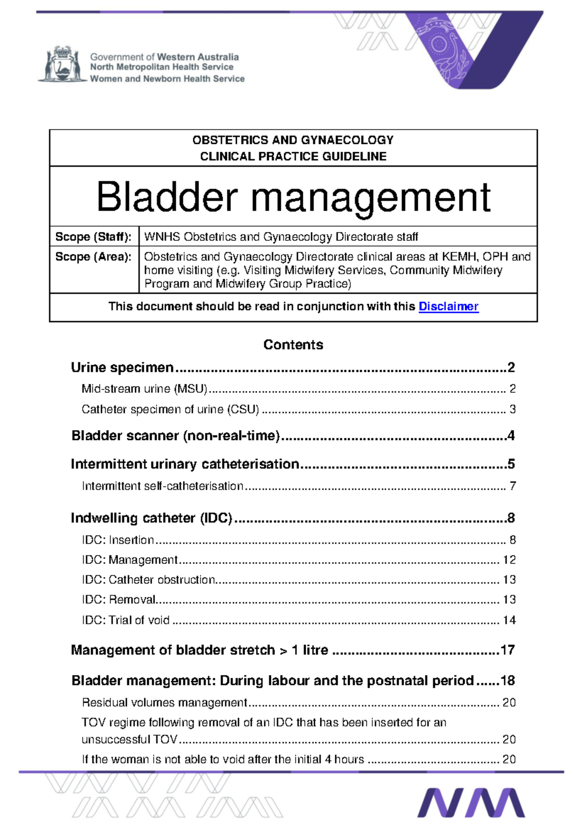 Bladder Management Guidelines for Obstetrics and Gynaecology (OBG 101 ...