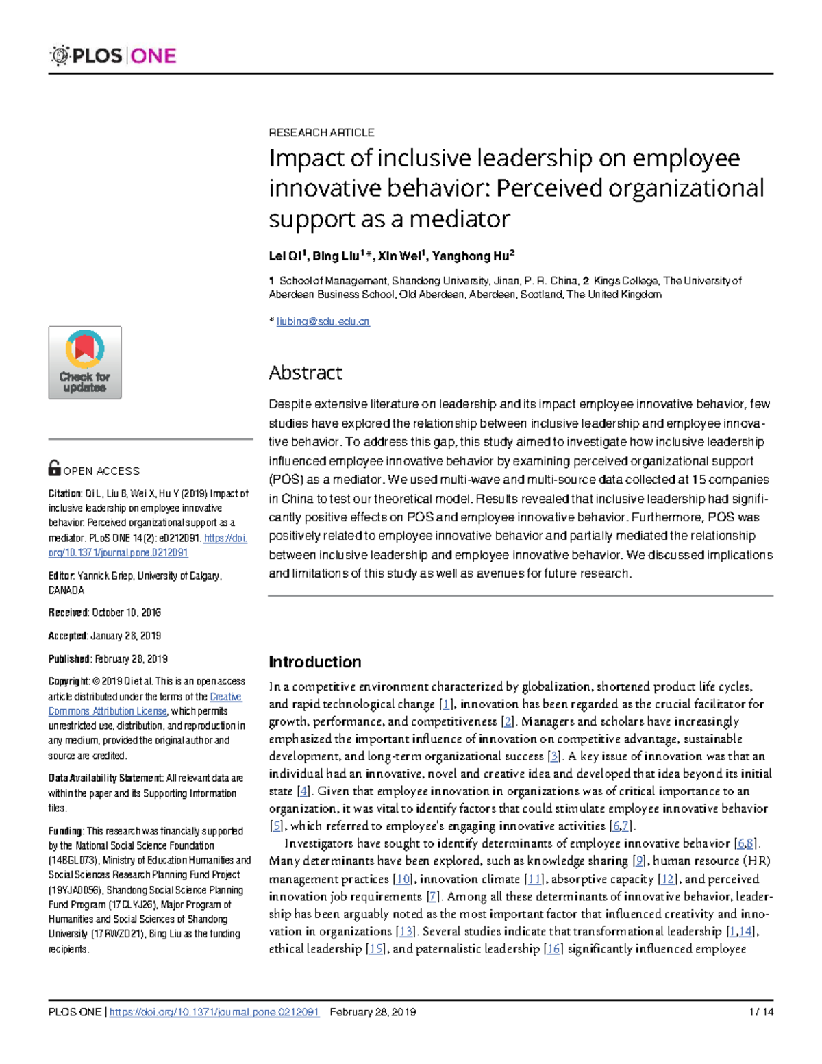 Impact of Inclusive Leadership on Employee Innovation: Mediating Role ...