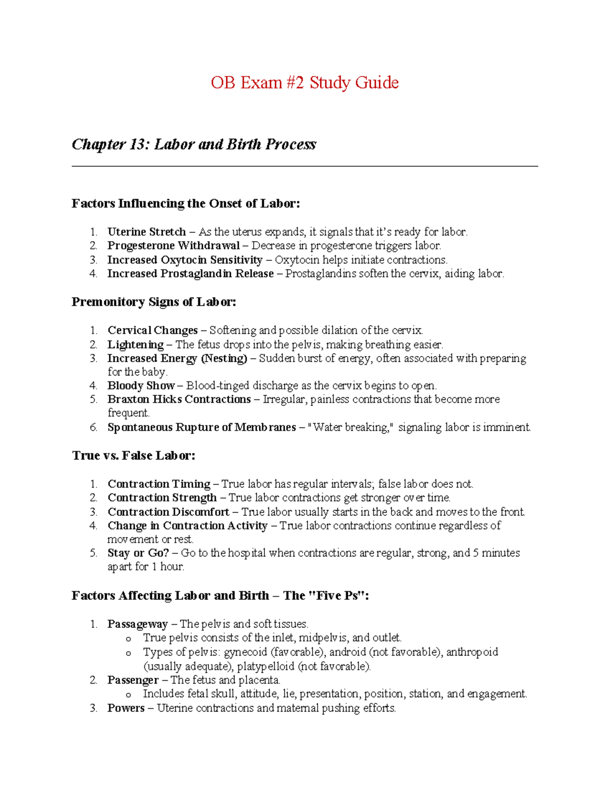 OB Exam #2 Study Guide: Labor & Birth Process Insights - Studocu