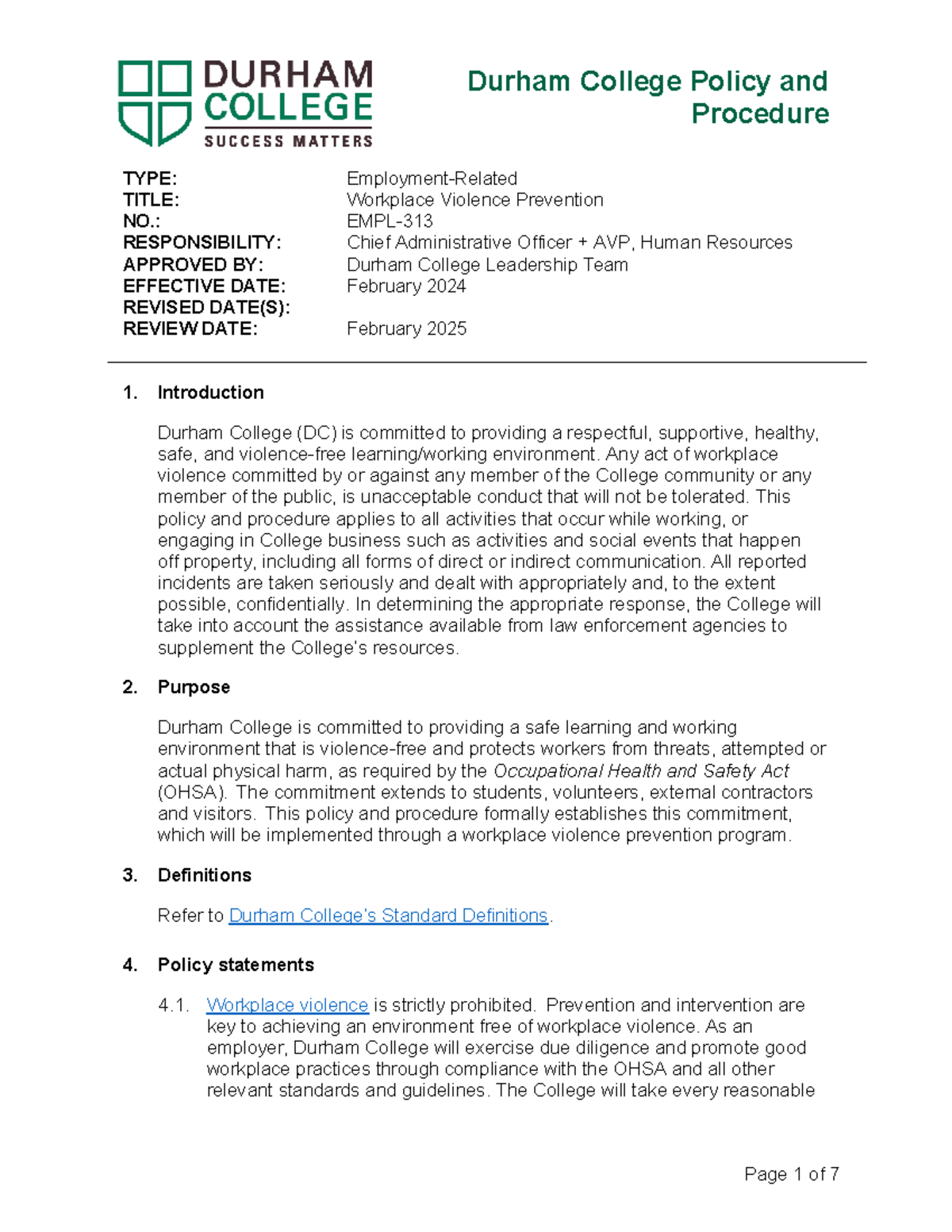 DC Workplace Violence Prevention Policy and Procedure - Studocu