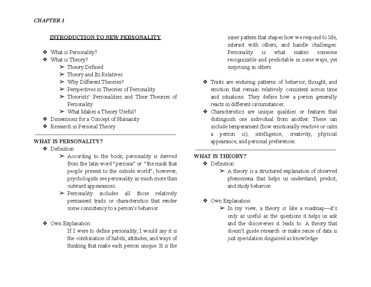CHAPTER 1: INTRODUCTION TO PERSONALITY THEORIES (PSY 101) - Studocu