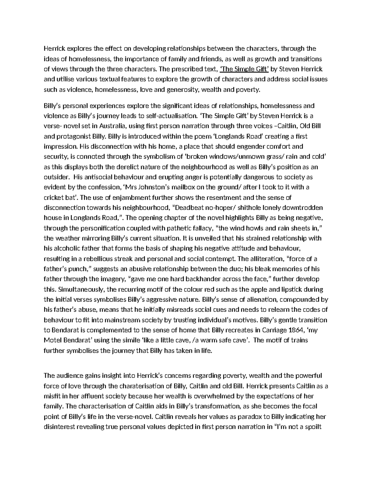ENG1001: The Simple Gift - Essay Sample on Relationships and Growth ...