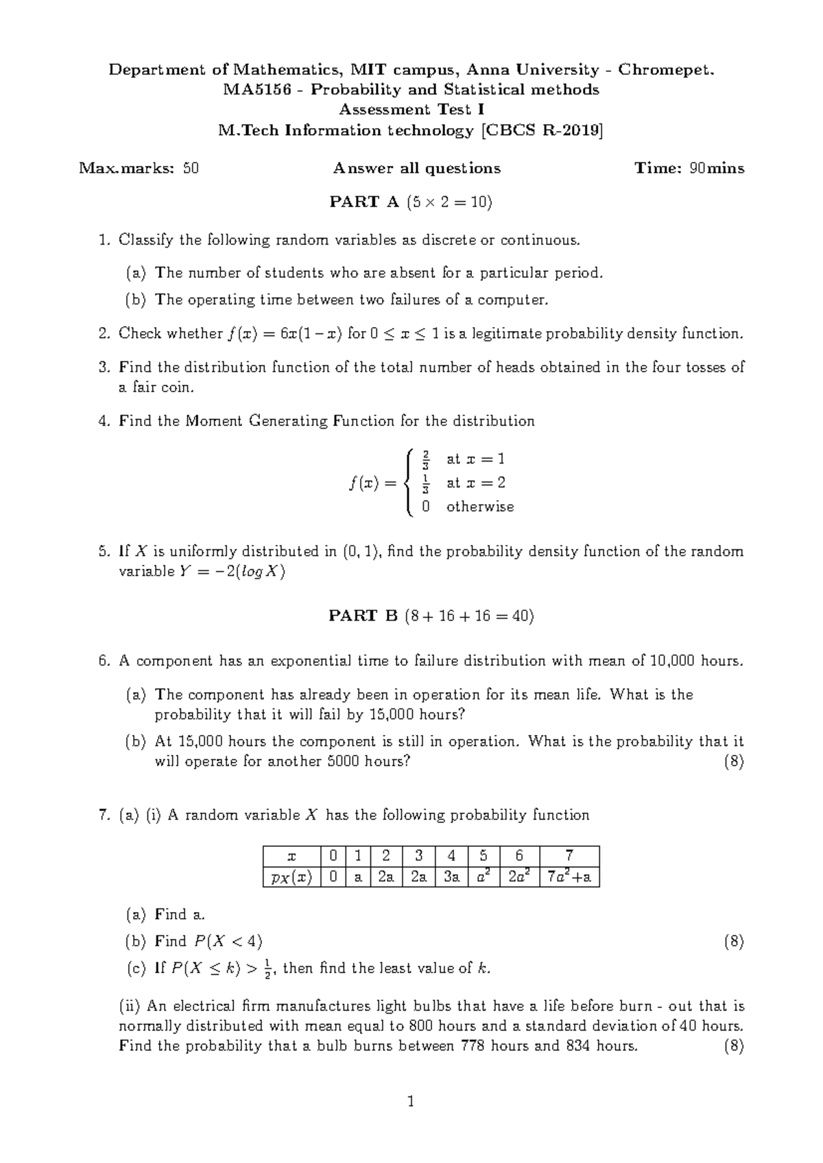 MA5156 Probability & Statistical Methods Assessment Test I - Studocu