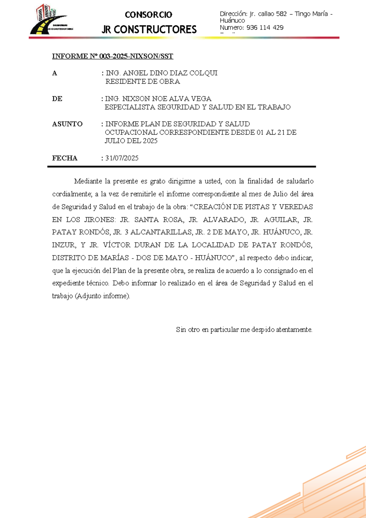Informe Mensual de Seguridad y Salud Ocupacional - Julio 2025 - Studocu