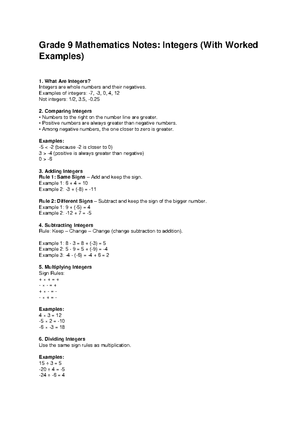 Grade 9 Math Notes: Understanding Integers with Examples - Studocu