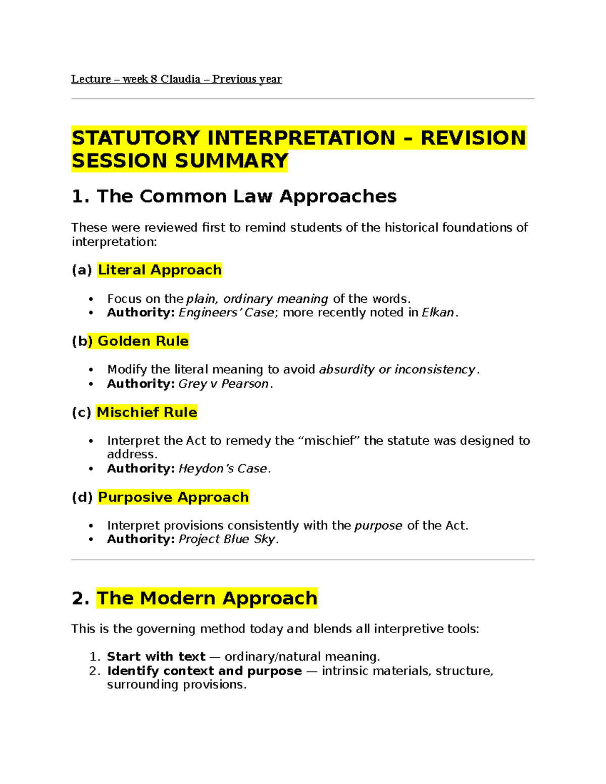 Lecture Summary: Statutory Interpretation Revision - LAW 100 2024 - Studocu