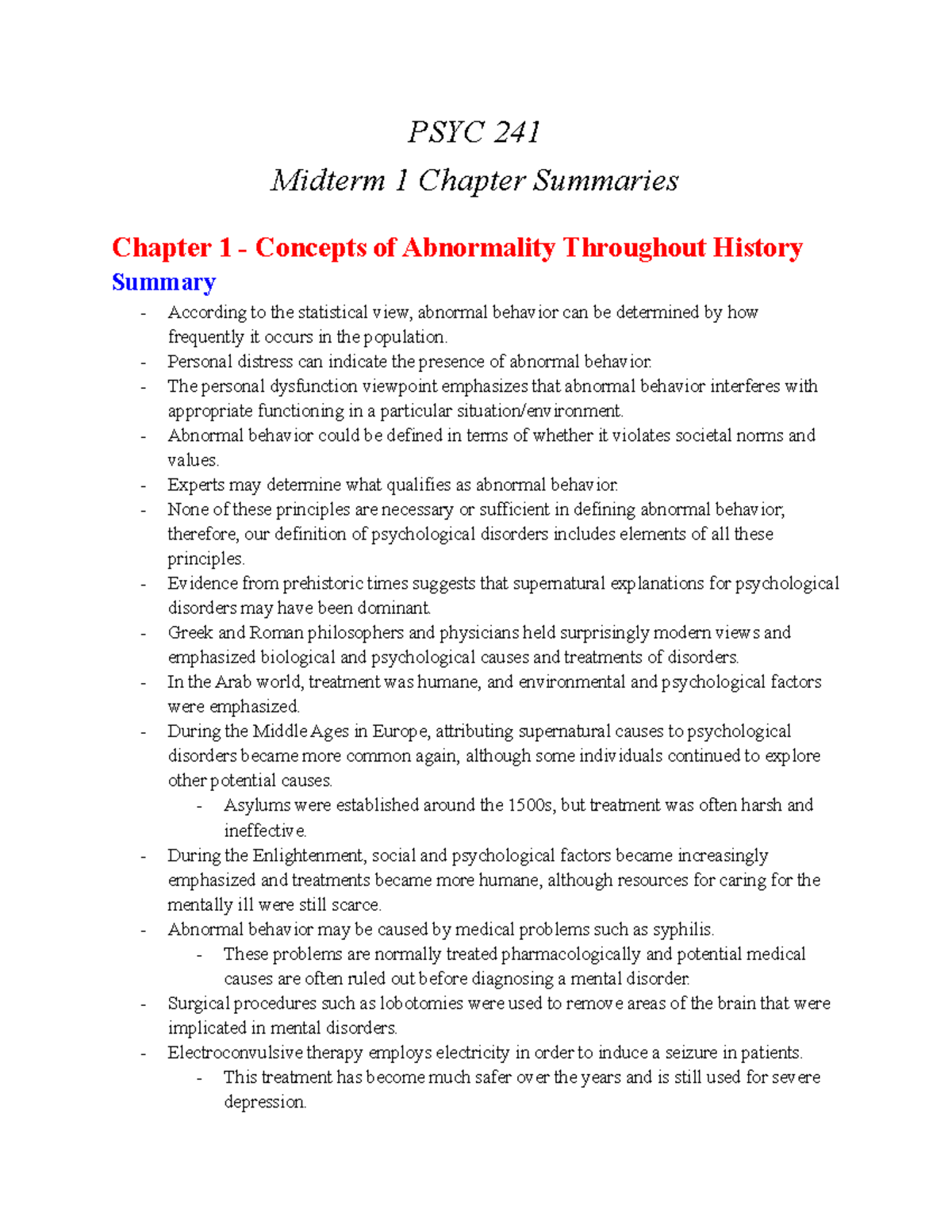 Midterm 1 Summary of PSYC 241 Chapters on Abnormal Behavior - Studocu