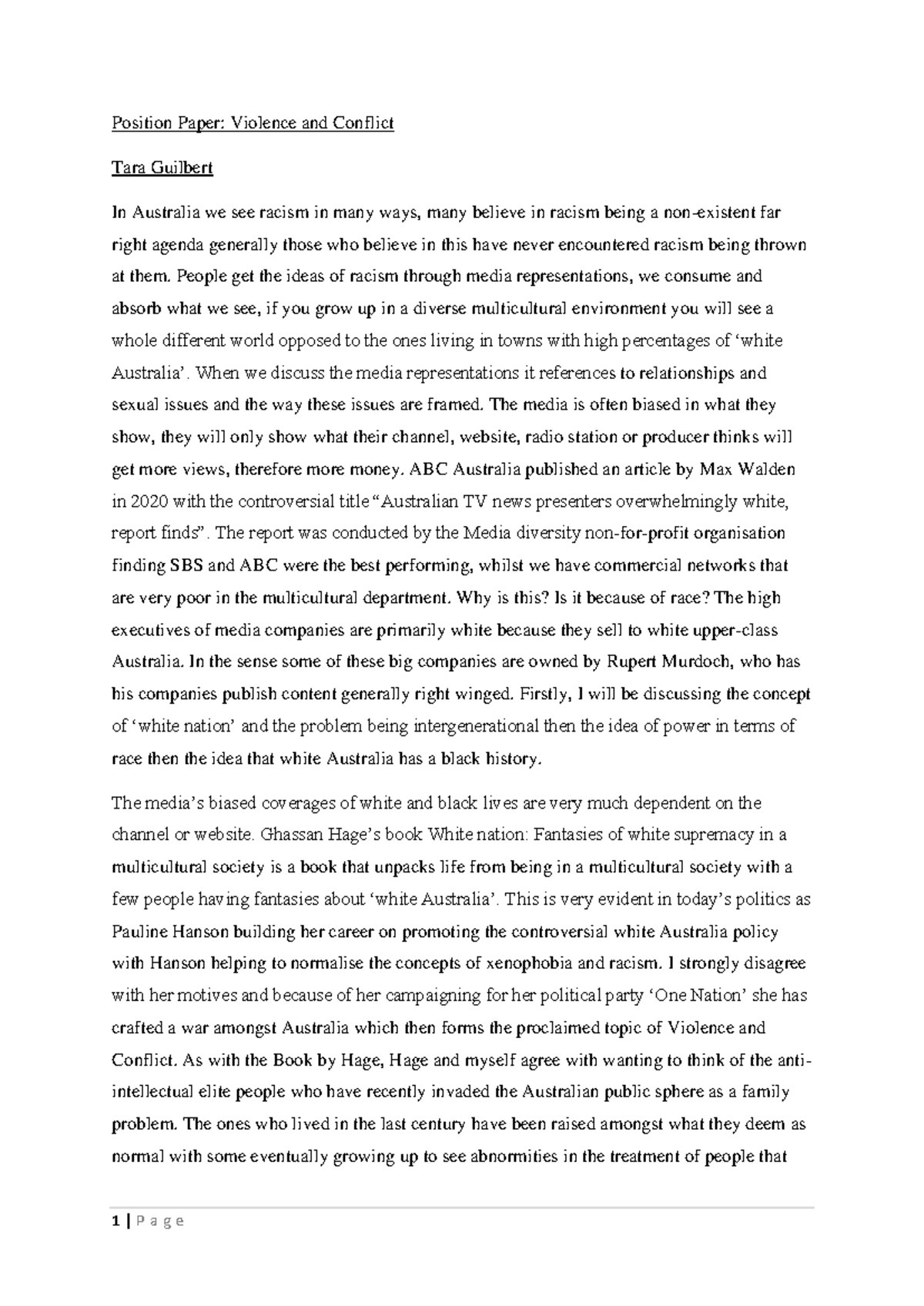 Position Paper: Violence and Conflict in Australia - Studocu