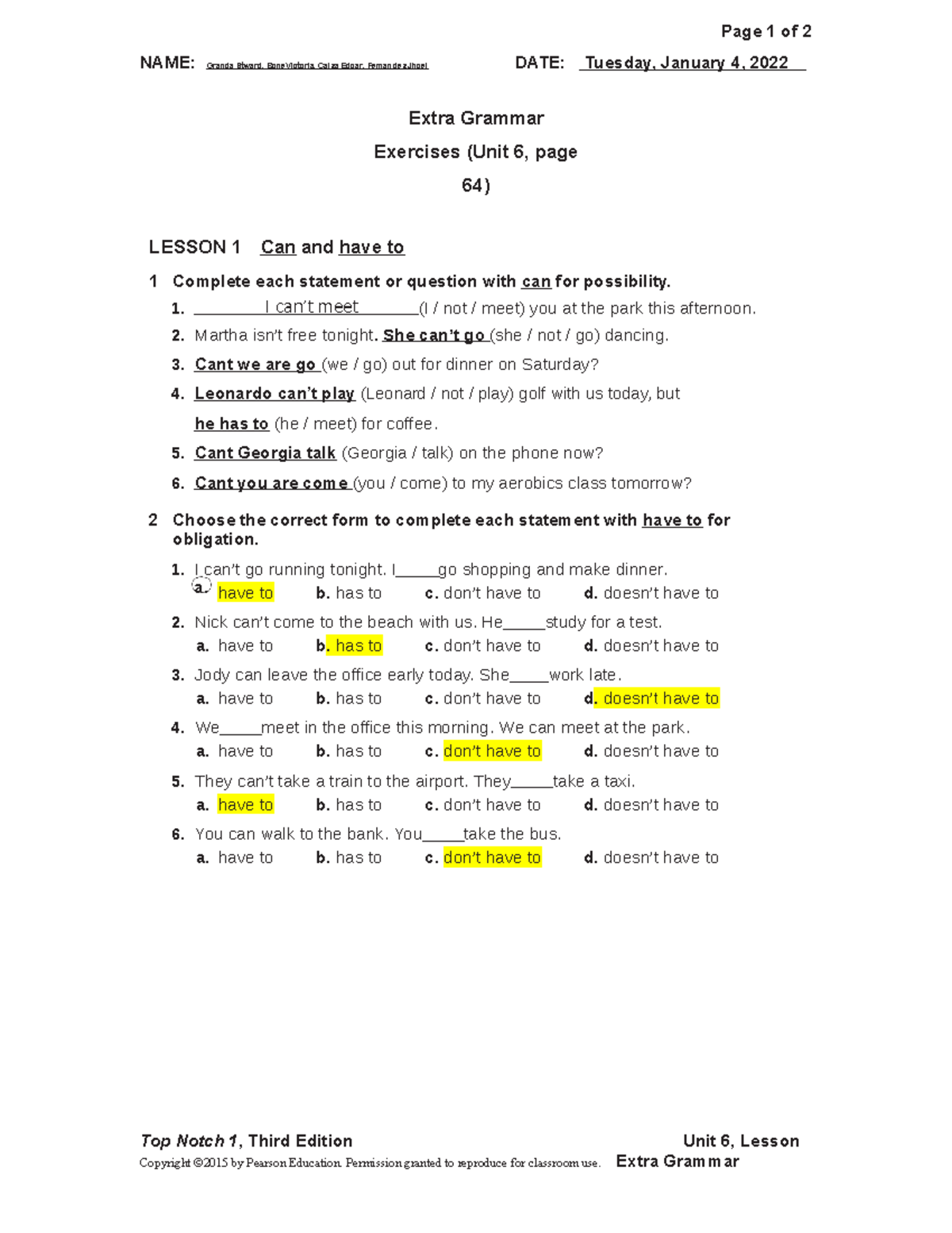 UNIT 06 Extra Grammar Exercises for Top Notch 1 Lesson Activities - Studocu
