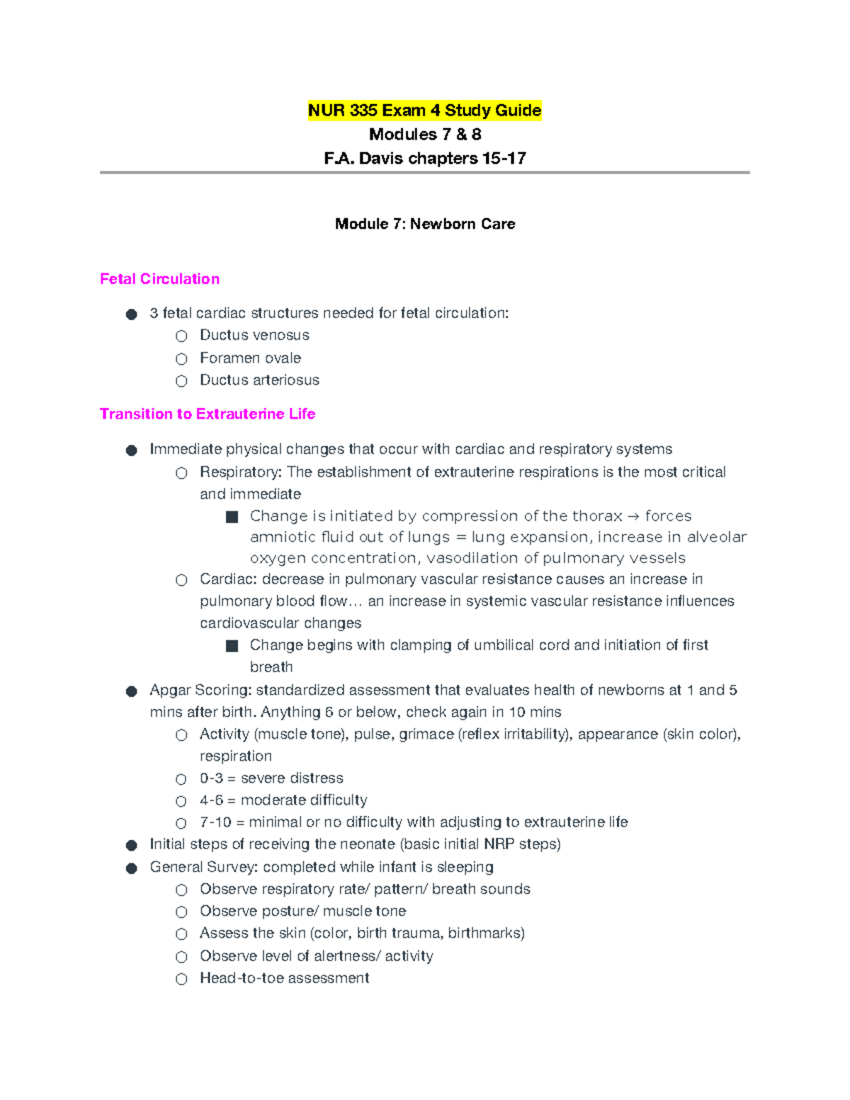 NUR 335 Exam 4 Study Guide: Newborn Care & Fetal Circulation - Studocu