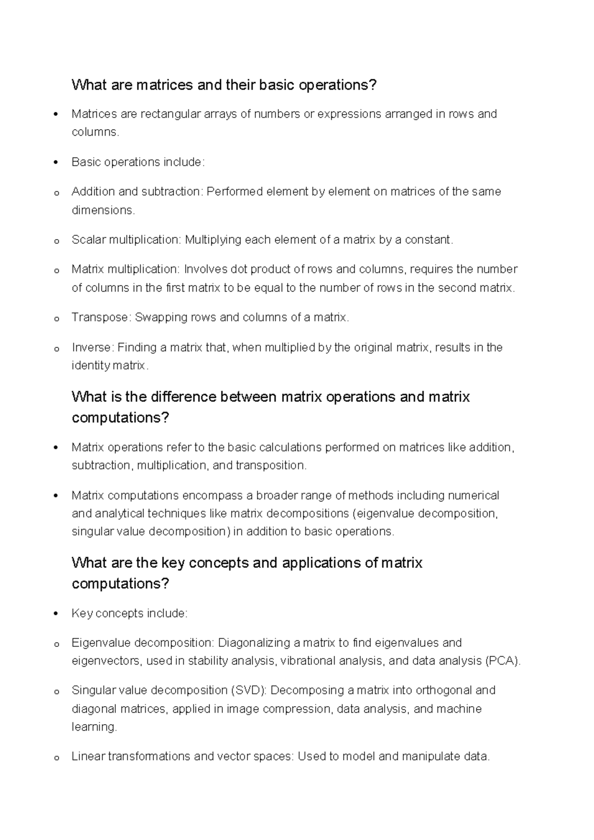 Matrix Computations: Key Concepts and Applications in Data Science ...