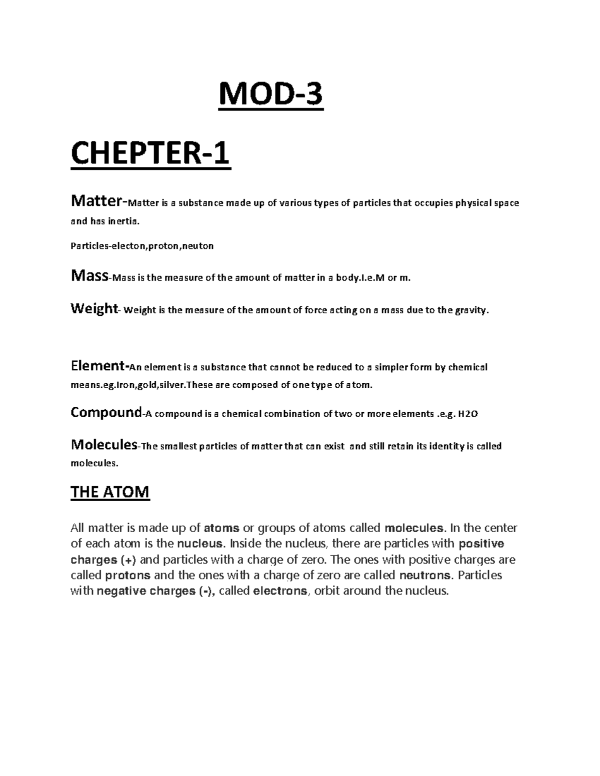 MOD-3 Class Notes: Understanding Matter, Atoms, and Electricity - Studocu