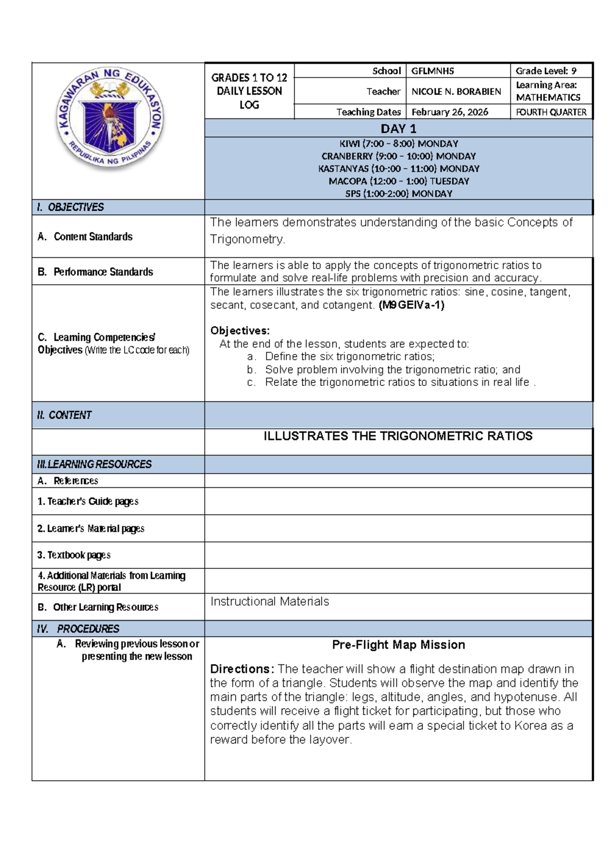 Mathematics Lesson Log: Trigonometric Ratios (Grade 9) - Studocu