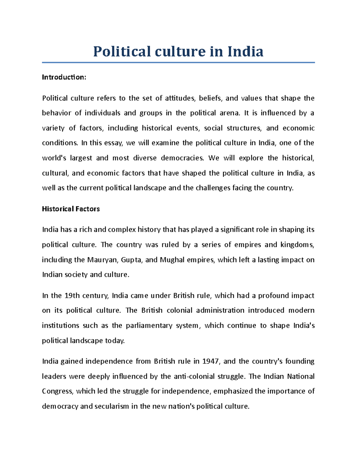 Political Culture in India: Historical, Cultural & Economic Factors ...