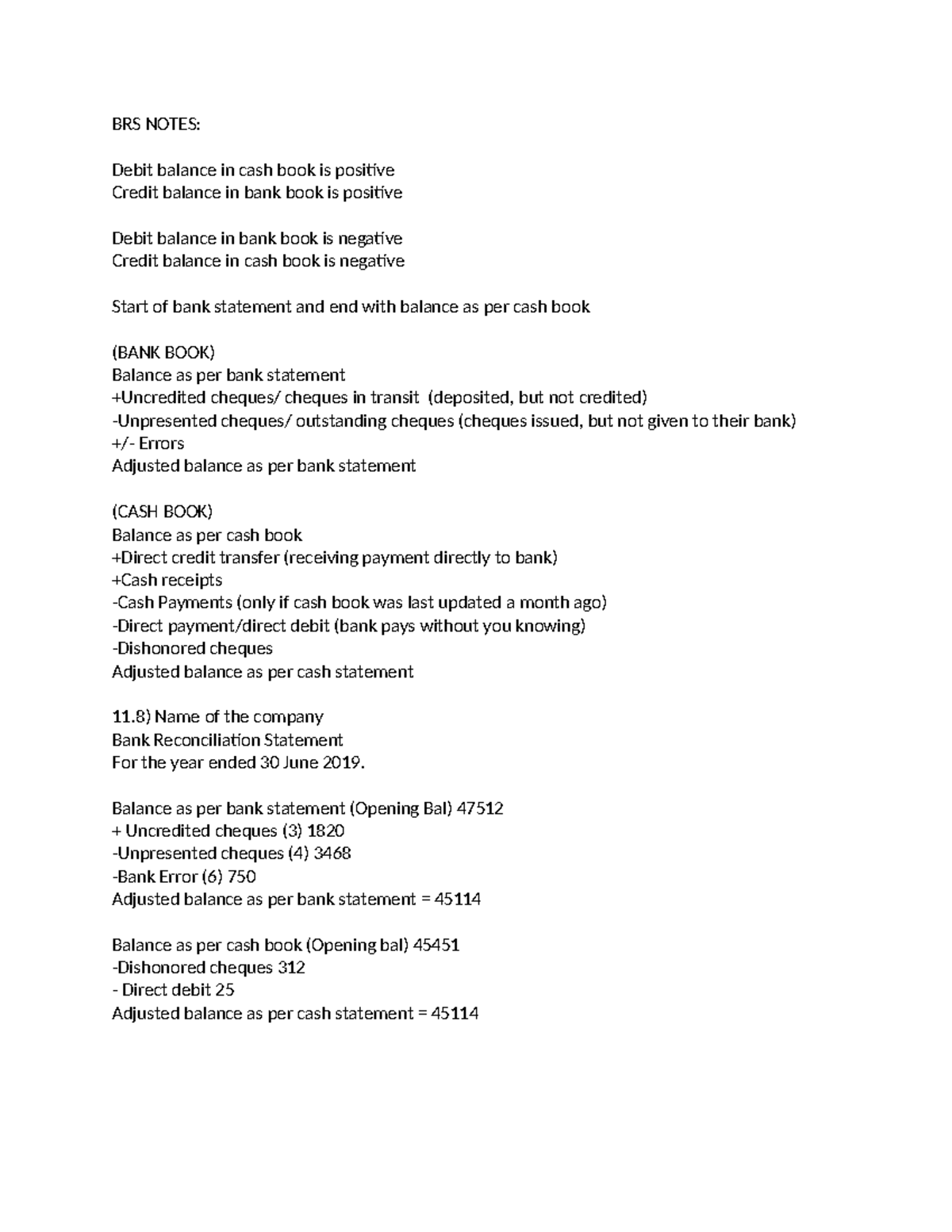 BRS Notes: Bank Reconciliation Statement Analysis and Adjustments - Studocu