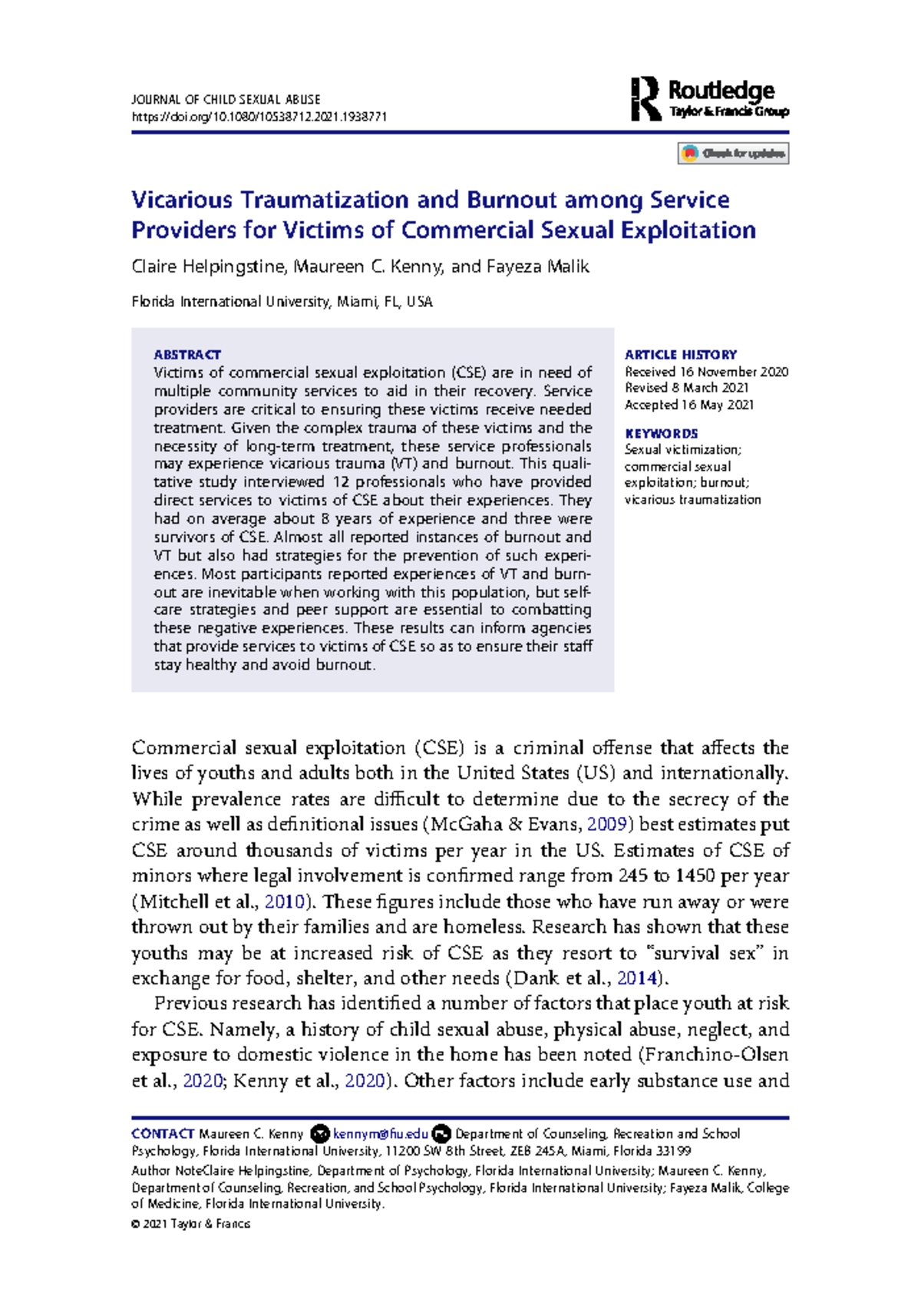 Vicarious Traumatization and Burnout among Service Providers for ...