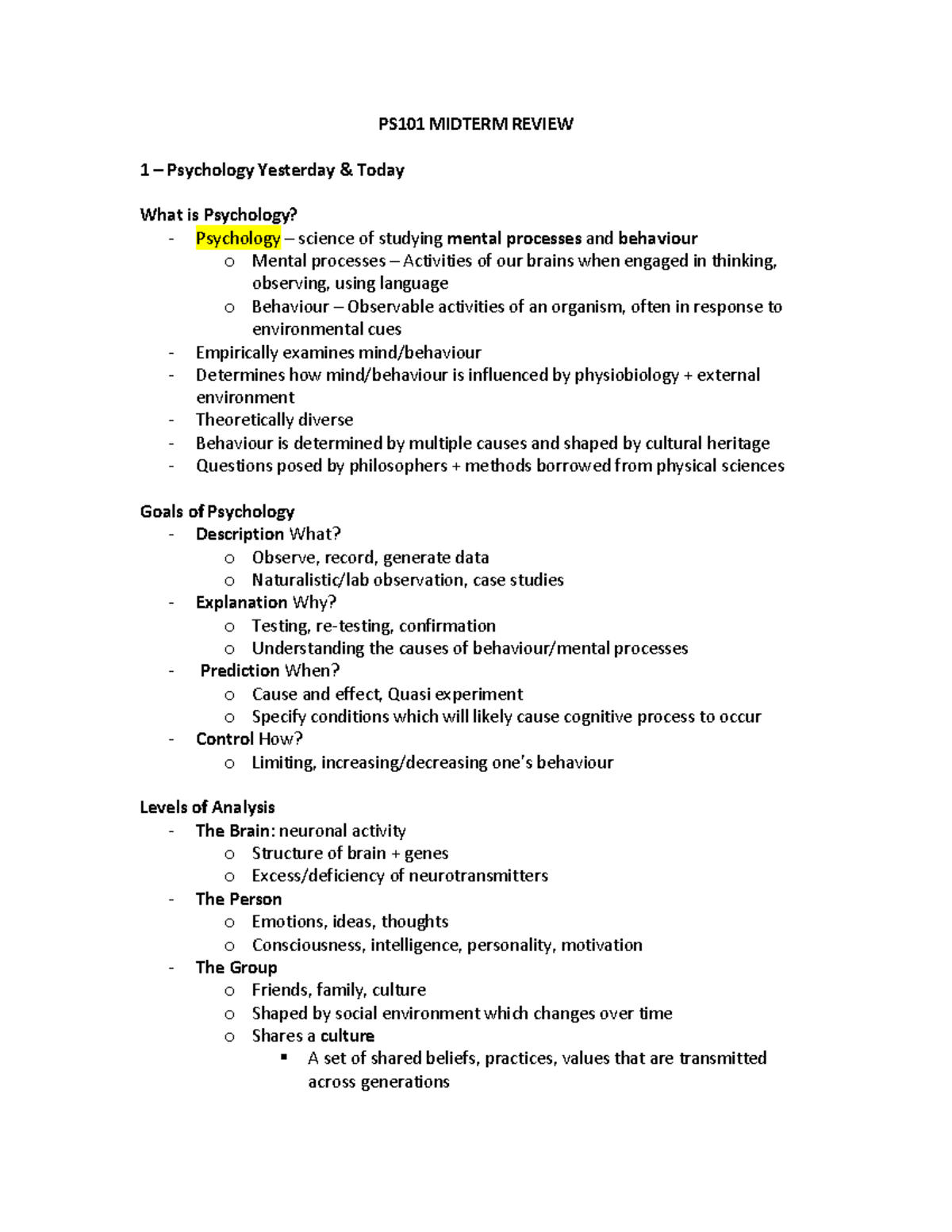 PS101 Final Exam Review: Key Concepts in Psychology and Neuroscience ...