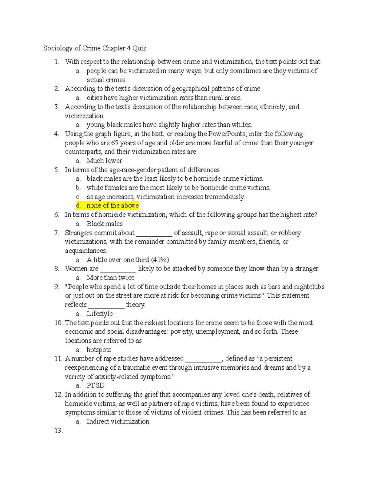 Sociology of Crime - Chapter 4 Quiz Notes on Victimization Patterns ...