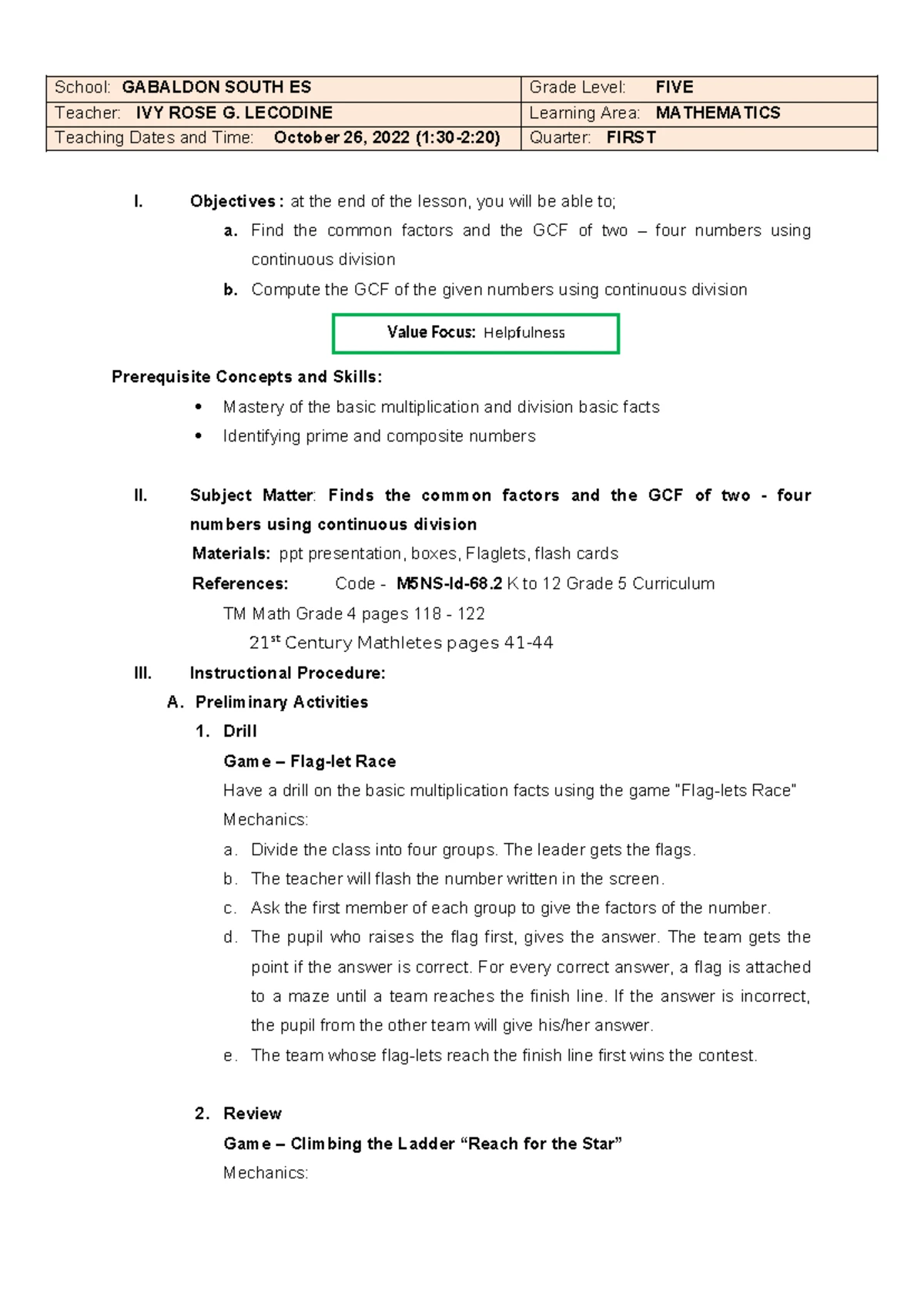 Detailed Lesson Plan in Mathematics V: Solid Figures (M5GE-IIIe) - Studocu