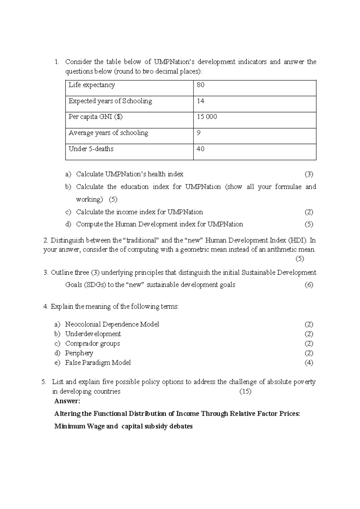 Practice Questions for Development Indicators and Policies (2025) - Studocu