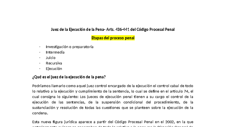 Juez de la Ejecución de la Pena: Análisis del Código Procesal Penal ...