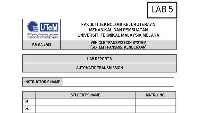 BMMA 4603 Lab 5: Automatic Transmission System Report - Studocu