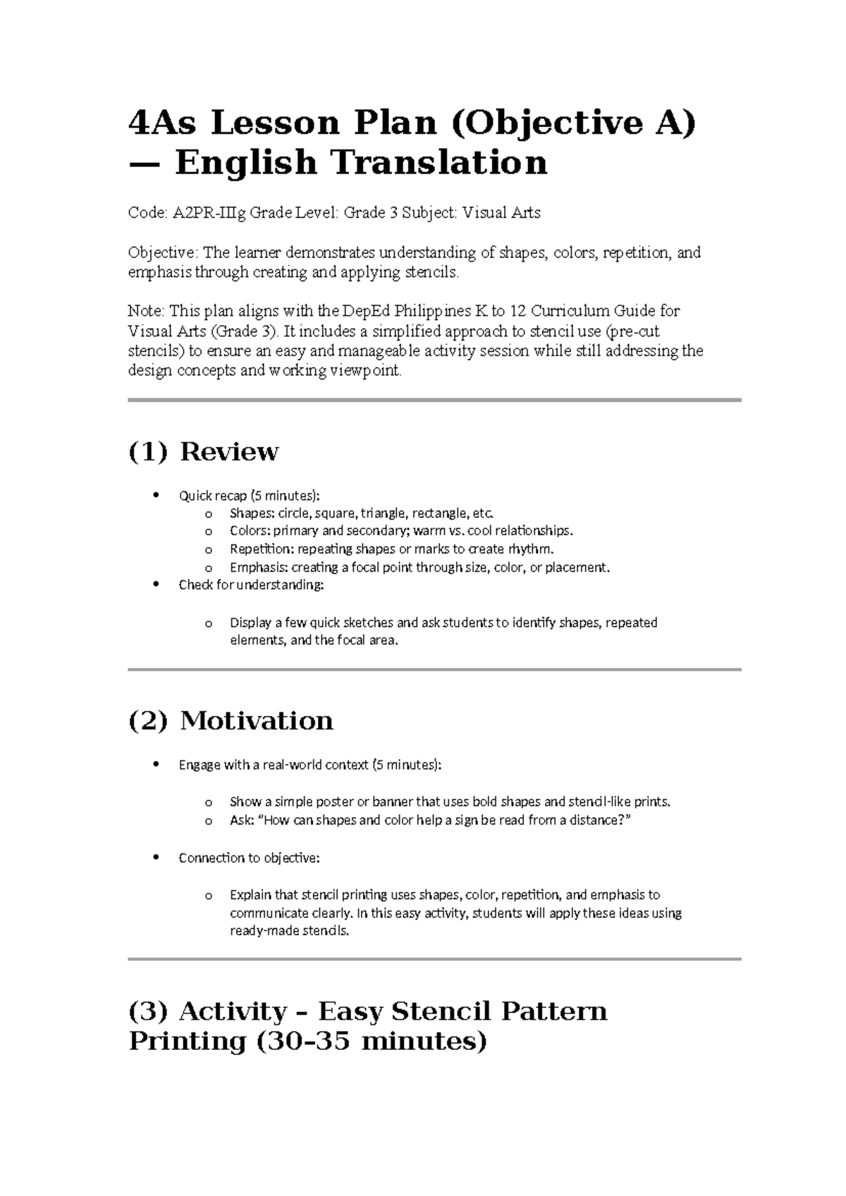 4As Lesson Plan: Stencil Art Activity for Grade 3 Visual Arts - Studocu