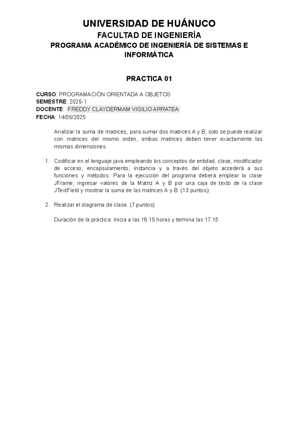 PA01-B - Suma de Matrices en POO con Java - Ejercicio de Práctica - Studocu
