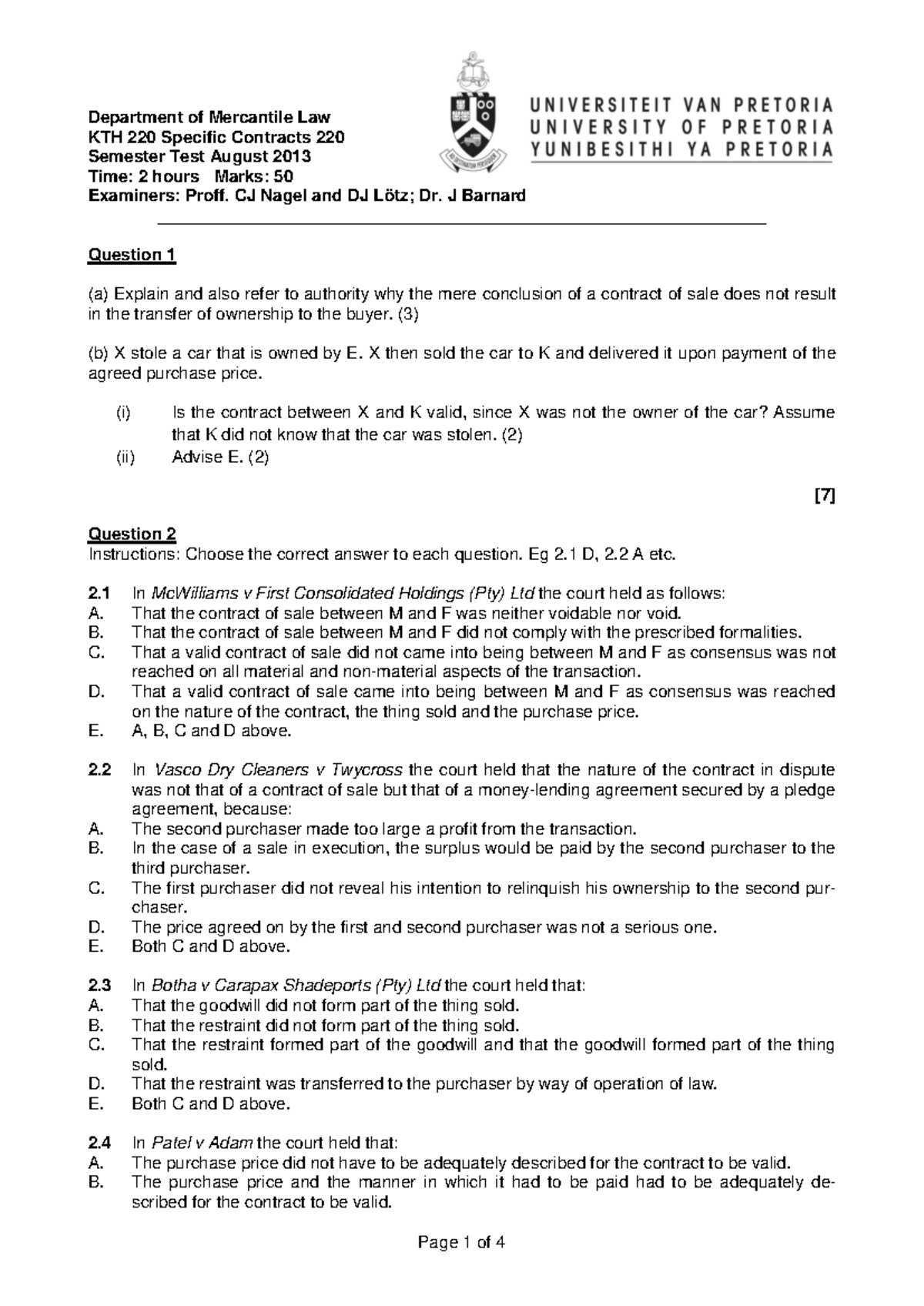 KTH 220 Specific Contracts - Aug 2013 Semester Test Past Paper - Studocu