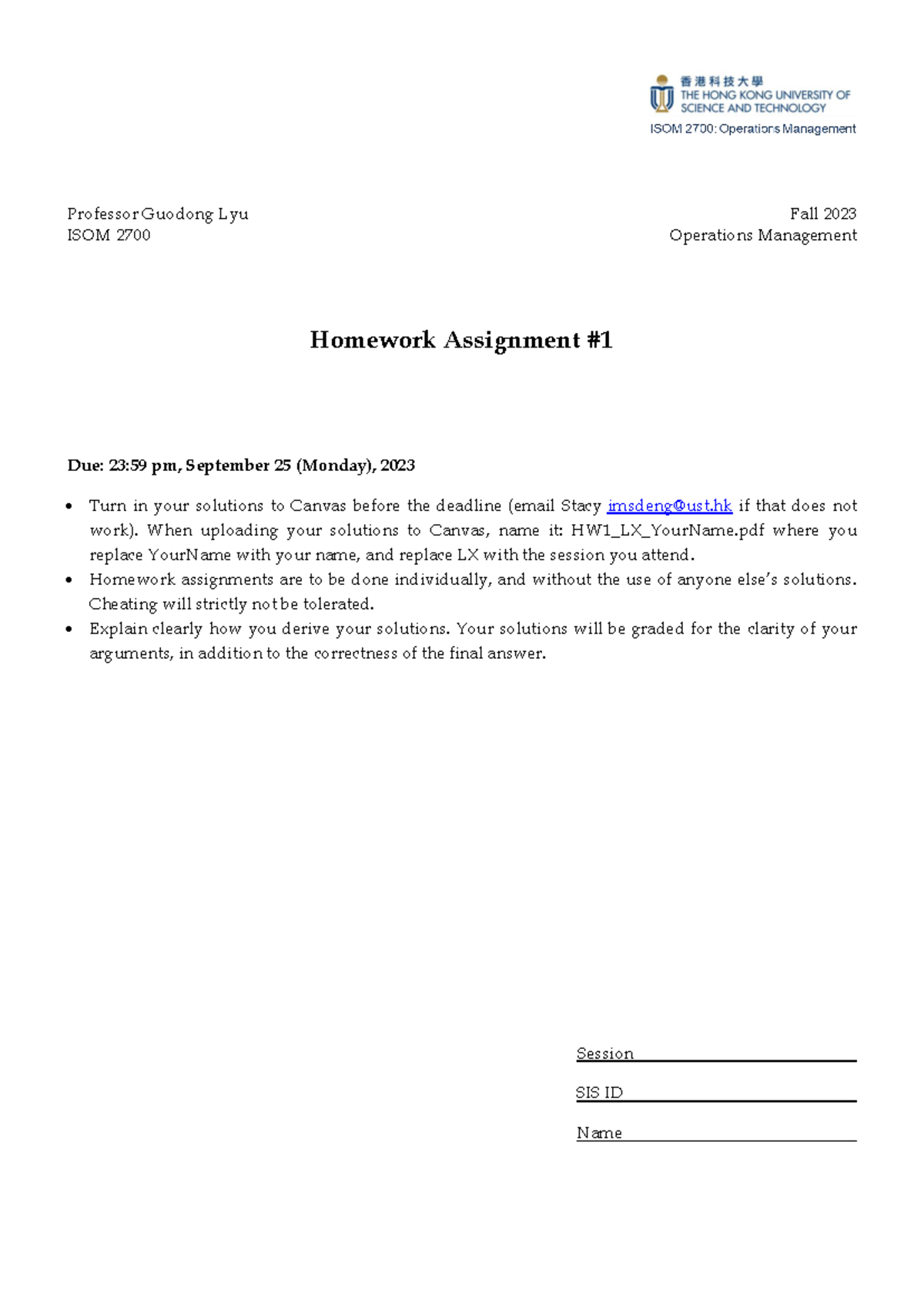 HW1 ISOM2700 - Operations Management Fall 2023 Homework Assignment 1 ...