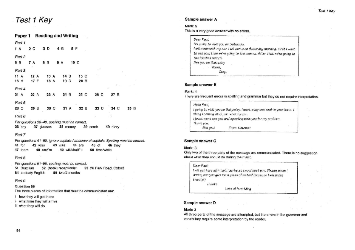KET - CUP 3 Test 1 Key and Sample Answers - Studocu