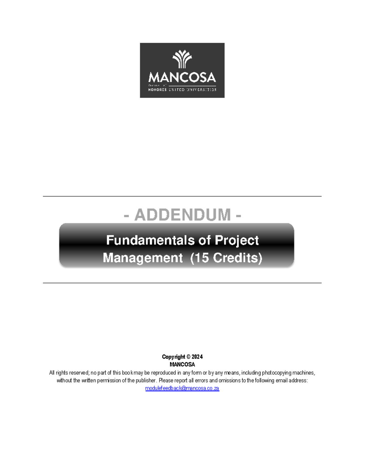 Addendum -Fundamentals of Project Management 15 Credits(Addendum ...