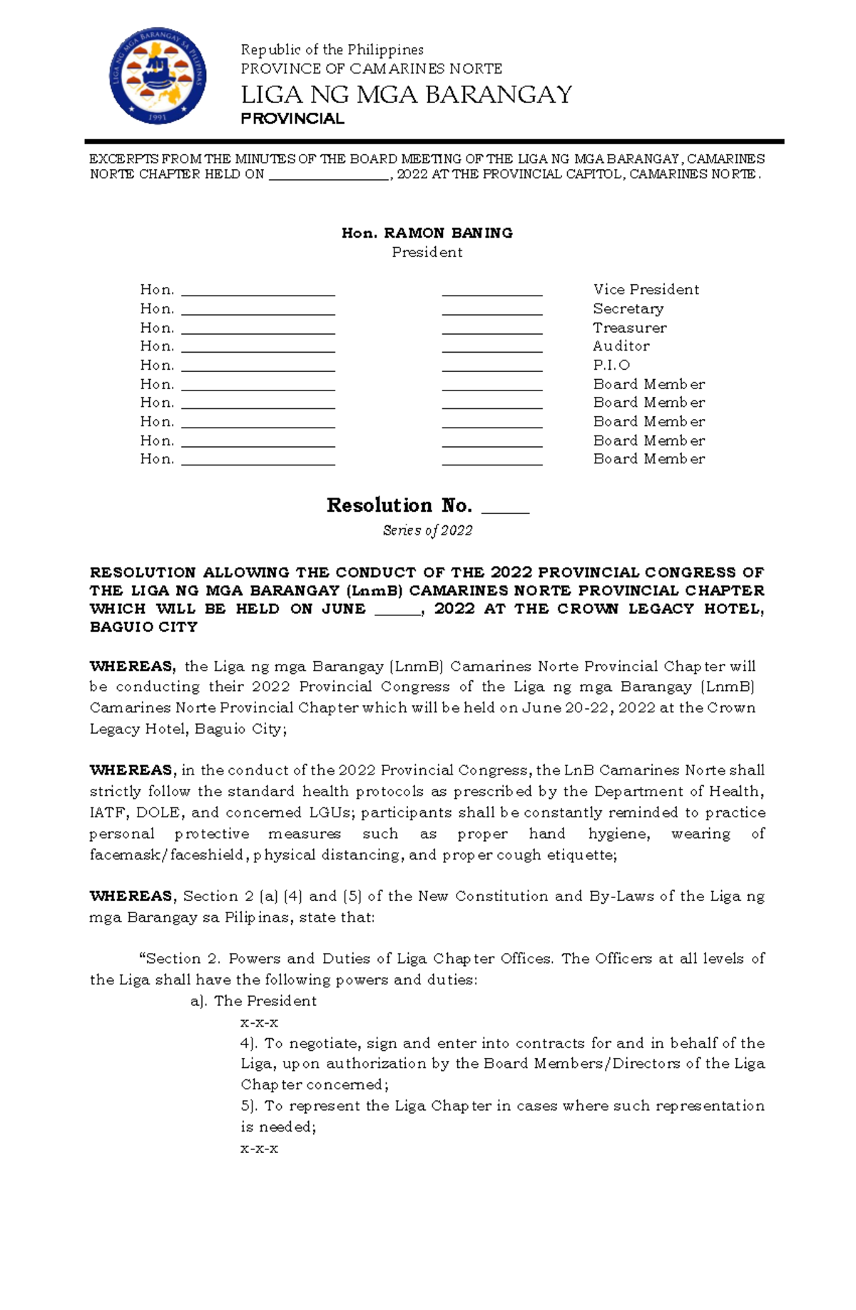 Resolution - Note - Republic of the Philippines PROVINCE OF CAMARINES ...