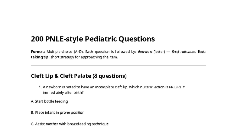 Pediatric Nursing Exam Questions: Cleft Lip, TEF, Pyloric Stenosis, and ...