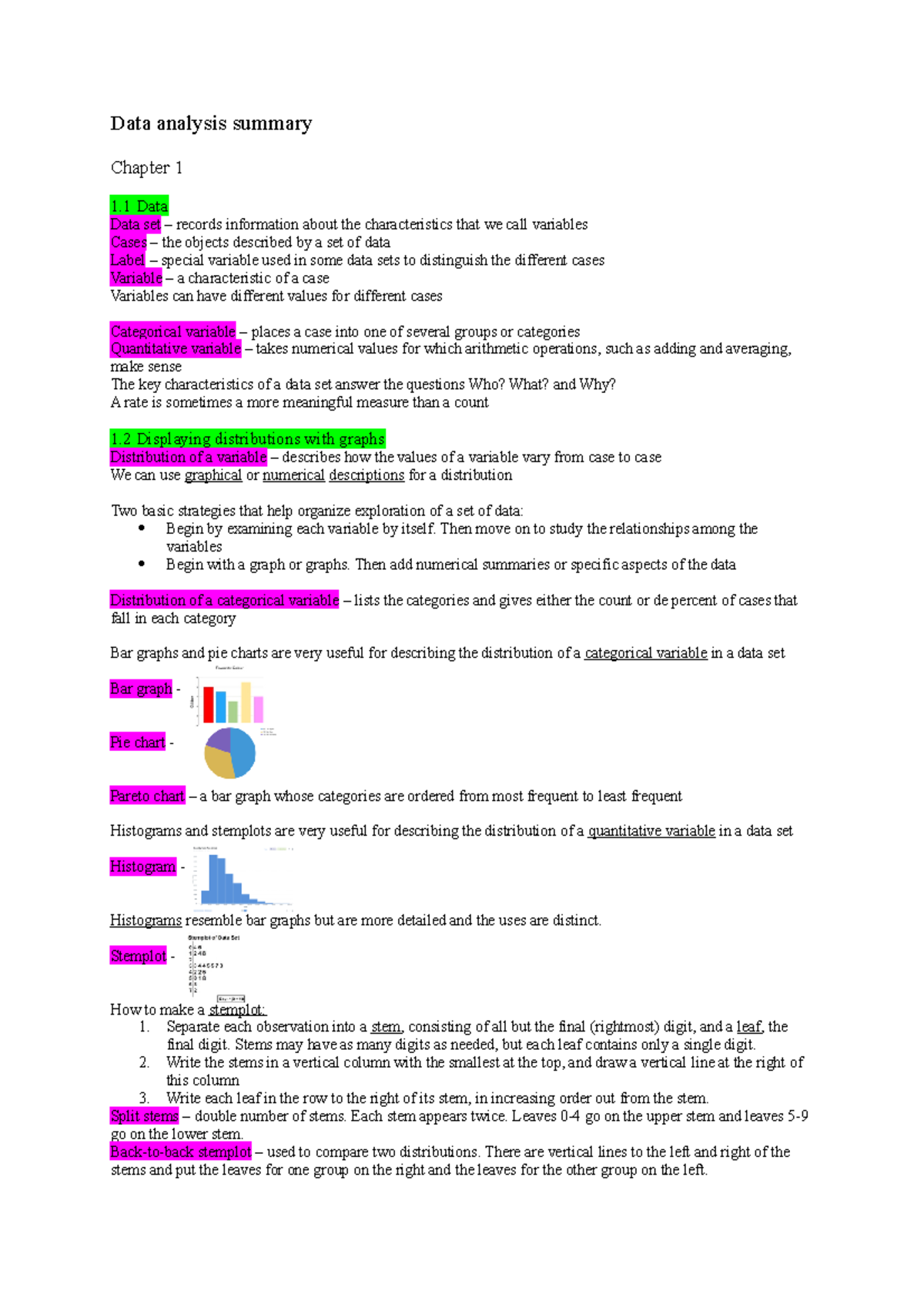 Data Analysis Summary: Key Insights from Chapters 1 & 2 - Studeersnel