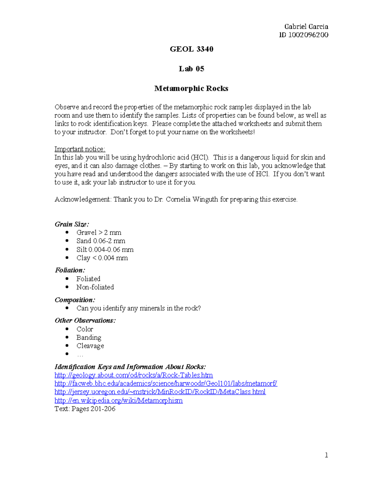 Lab 05 - Examining and Classifying Metamorphic Rocks (GEOL 3340) - Studocu