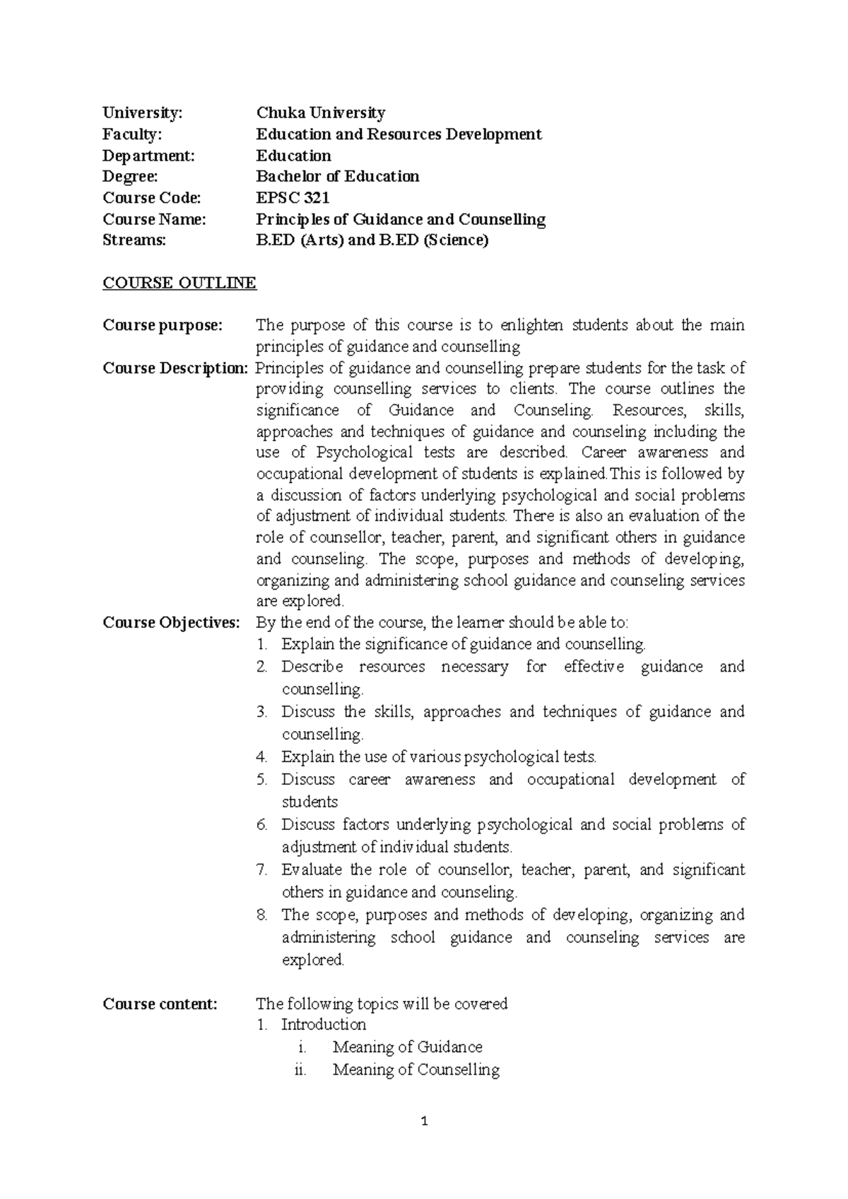 EPSC 321 Principles of Guidance and Counselling Course Outline - Studocu