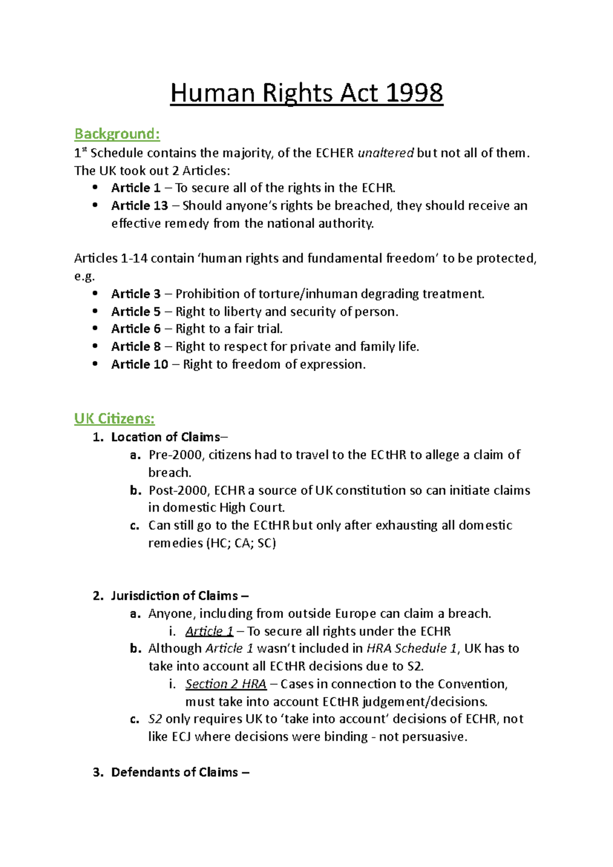 Lecture 7 - Human Rights Act 1998 Background: 1st Schedule contains the ...